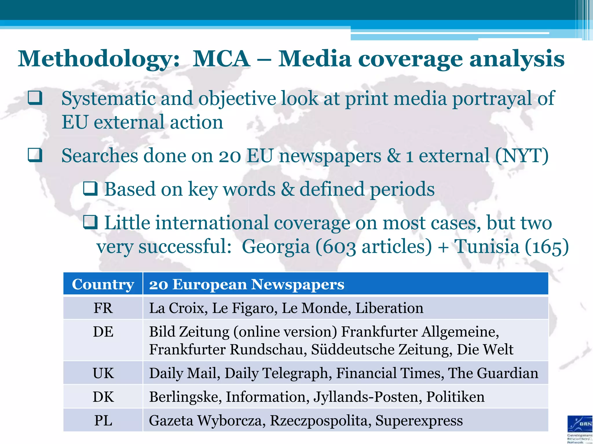 Methodology: MCA – Media coverage analysis
 Systematic and objective look at print media portrayal of
  EU external action
 Searches done on 20 EU newspapers & 1 external (NYT)
       Based on key words & defined periods
       Little international coverage on most cases, but two
       very successful: Georgia (603 articles) + Tunisia (165)
     Country 20 European Newspapers
       FR    La Croix, Le Figaro, Le Monde, Liberation
       DE    Bild Zeitung (online version) Frankfurter Allgemeine,
             Frankfurter Rundschau, Süddeutsche Zeitung, Die Welt
       UK    Daily Mail, Daily Telegraph, Financial Times, The Guardian
       DK    Berlingske, Information, Jyllands-Posten, Politiken
       PL    Gazeta Wyborcza, Rzeczpospolita, Superexpress
 