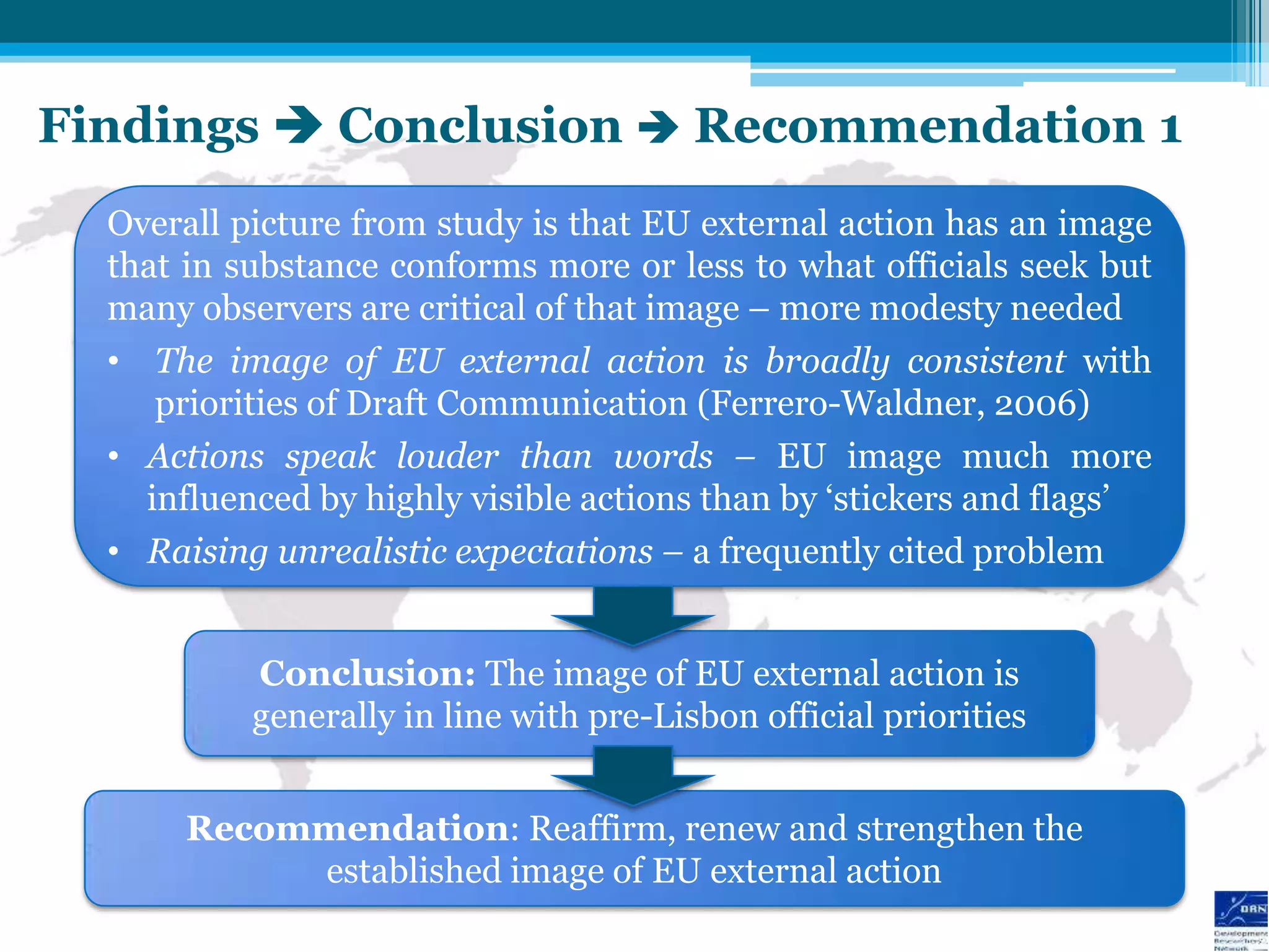 Findings  Conclusion  Recommendation 1
  Overall picture from study is that EU external action has an image
  that in substance conforms more or less to what officials seek but
  many observers are critical of that image – more modesty needed
  • The image of EU external action is broadly consistent with
     priorities of Draft Communication (Ferrero-Waldner, 2006)
  • Actions speak louder than words – EU image much more
    influenced by highly visible actions than by „stickers and flags‟
  • Raising unrealistic expectations – a frequently cited problem


           Conclusion: The image of EU external action is
           generally in line with pre-Lisbon official priorities


       Recommendation: Reaffirm, renew and strengthen the
            established image of EU external action
 