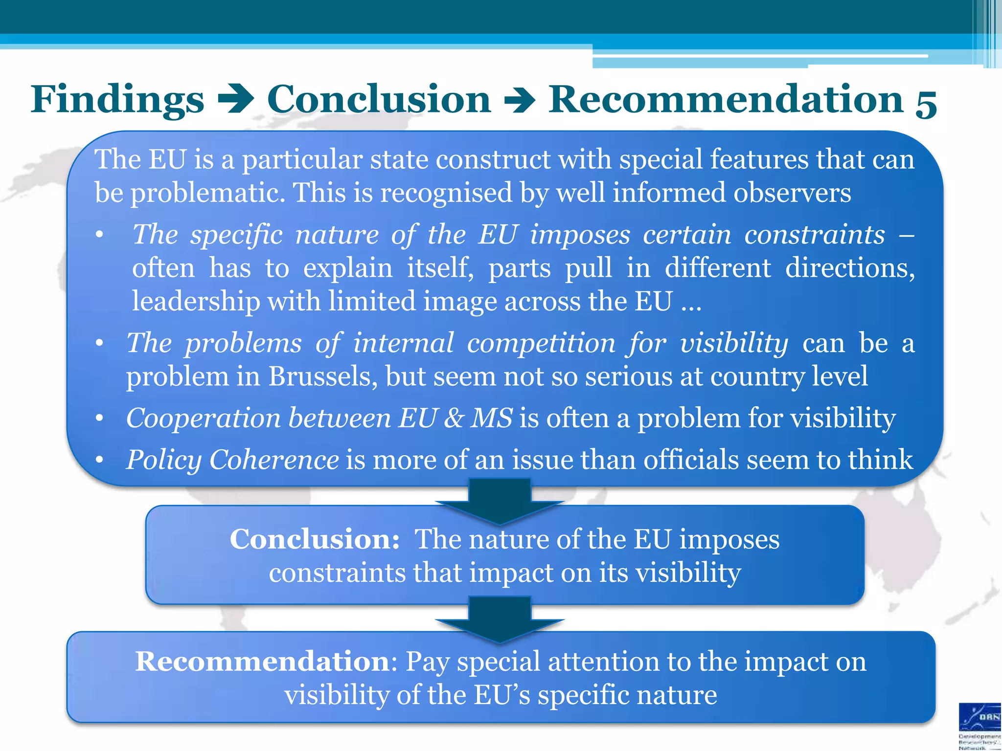 Findings  Conclusion  Recommendation 5
  The EU is a particular state construct with special features that can
  be problematic. This is recognised by well informed observers
  • The specific nature of the EU imposes certain constraints –
     often has to explain itself, parts pull in different directions,
     leadership with limited image across the EU …
  • The problems of internal competition for visibility can be a
    problem in Brussels, but seem not so serious at country level
  • Cooperation between EU & MS is often a problem for visibility
  • Policy Coherence is more of an issue than officials seem to think

             Conclusion: The nature of the EU imposes
               constraints that impact on its visibility


     Recommendation: Pay special attention to the impact on
            visibility of the EU‟s specific nature
 