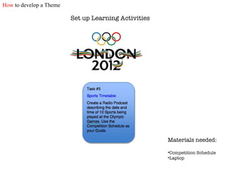 Set up Learning Activities Materials needed: Competition Schedule Laptop How  to develop a Theme 