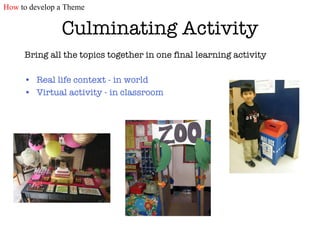 Culminating Activity Bring all the topics together in one final learning activity Real life context - in world Virtual activity - in classroom How  to develop a Theme 