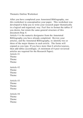 Thematic Outline Worksheet
After you have completed your Annotated Bibliography, use
this worksheet to conceptualize your paper. This worksheet was
developed to help you to write your research paper thematically
in a logical and organized, way. Feel free to format the tables if
you desire, but retain the same general structure of this
document.Step A
Article # is the numeric designator from the Annotated
Bibliography you have already completed. Review your
articles, and the Annotated Bibliography, to identify two or
three of the major themes in each article. The forms will
expand as you type. If you have more than 6 articles/sources,
then add tables accordingly. (A minimum of 6 peer-reviewed
articles are required for the Research Paper).
Article #1
Theme
Theme
Theme
Article #2
Theme
Theme
Theme
Article #3
Theme
Theme
Theme
Article #4
Theme
Theme
Theme
 