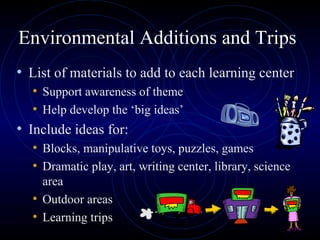 Environmental Additions and Trips List of materials to add to each learning center  Support awareness of theme Help develop the ‘big ideas’ Include ideas for: Blocks, manipulative toys, puzzles, games Dramatic play, art, writing center, library, science area Outdoor areas Learning trips 