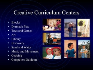 Creative Curriculum Centers Blocks Dramatic Play Toys and Games Art  Library  Discovery  Sand and Water  Music and Movement  Cooking  Computers Outdoors 