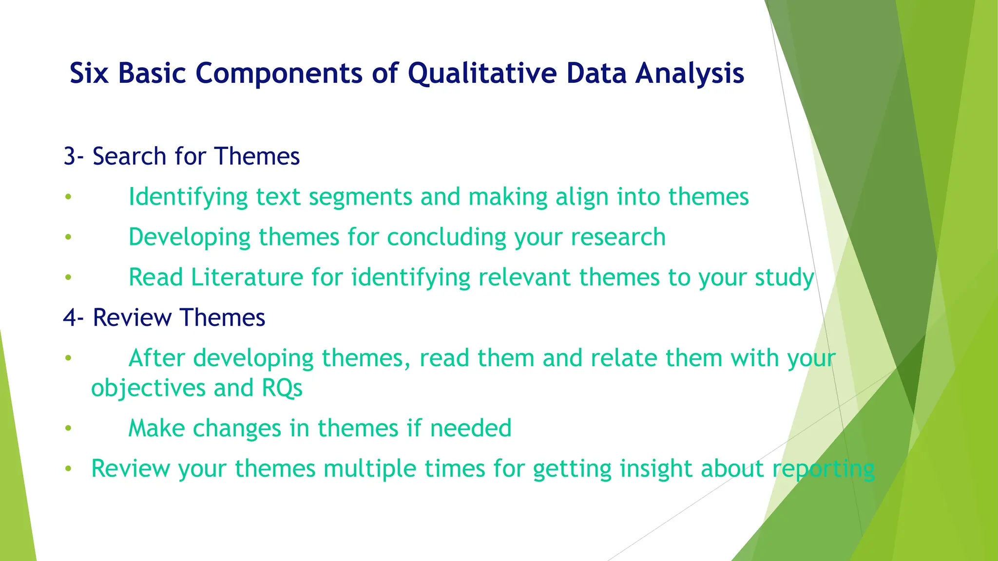 Six Basic Components of Qualitative Data Analysis
3- Search for Themes
• Identifying text segments and making align into themes
• Developing themes for concluding your research
• Read Literature for identifying relevant themes to your study
4- Review Themes
• After developing themes, read them and relate them with your
objectives and RQs
• Make changes in themes if needed
• Review your themes multiple times for getting insight about reporting
 