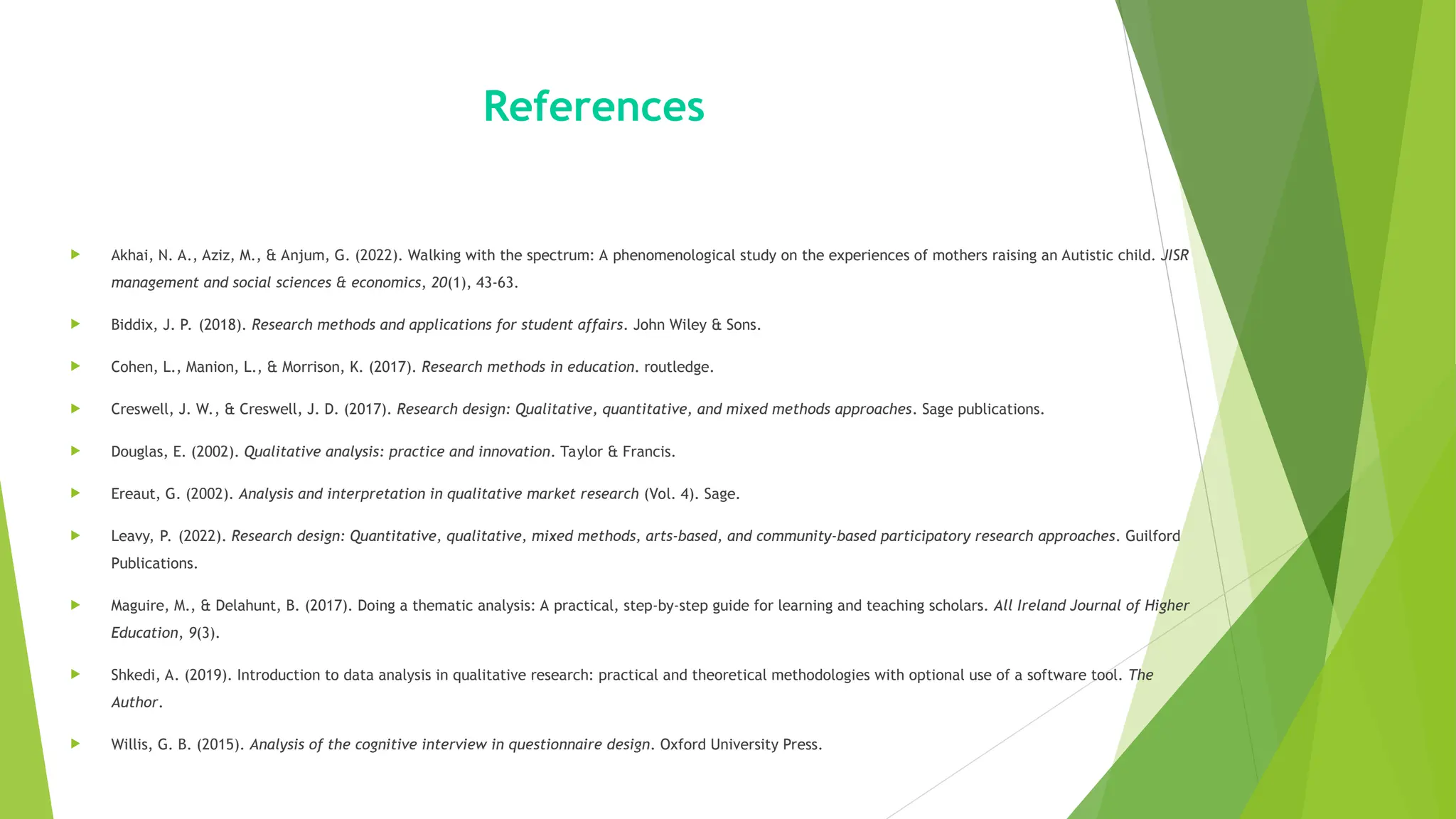 References
 Akhai, N. A., Aziz, M., & Anjum, G. (2022). Walking with the spectrum: A phenomenological study on the experiences of mothers raising an Autistic child. JISR
management and social sciences & economics, 20(1), 43-63.
 Biddix, J. P. (2018). Research methods and applications for student affairs. John Wiley & Sons.
 Cohen, L., Manion, L., & Morrison, K. (2017). Research methods in education. routledge.
 Creswell, J. W., & Creswell, J. D. (2017). Research design: Qualitative, quantitative, and mixed methods approaches. Sage publications.
 Douglas, E. (2002). Qualitative analysis: practice and innovation. Taylor & Francis.
 Ereaut, G. (2002). Analysis and interpretation in qualitative market research (Vol. 4). Sage.
 Leavy, P. (2022). Research design: Quantitative, qualitative, mixed methods, arts-based, and community-based participatory research approaches. Guilford
Publications.
 Maguire, M., & Delahunt, B. (2017). Doing a thematic analysis: A practical, step-by-step guide for learning and teaching scholars. All Ireland Journal of Higher
Education, 9(3).
 Shkedi, A. (2019). Introduction to data analysis in qualitative research: practical and theoretical methodologies with optional use of a software tool. The
Author.
 Willis, G. B. (2015). Analysis of the cognitive interview in questionnaire design. Oxford University Press.
 