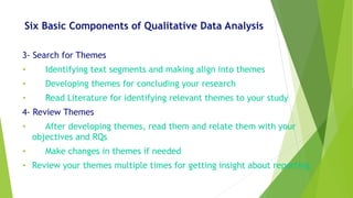 Six Basic Components of Qualitative Data Analysis
3- Search for Themes
• Identifying text segments and making align into themes
• Developing themes for concluding your research
• Read Literature for identifying relevant themes to your study
4- Review Themes
• After developing themes, read them and relate them with your
objectives and RQs
• Make changes in themes if needed
• Review your themes multiple times for getting insight about reporting
 
