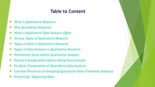 Table to Content
 What is Qualitative Research
 Why Qualitative Research
 What is Qualitative Data Analysis (QDA)
 Various Types of Qualitative Research
 Types of Data in Qualitative Research
 Types of Data Analysis in Qualitative Research
 Preliminary Steps before Qualitative Analysis
 Ethical Considerations before Doing Data Analysis
 Six Basic Components of Qualitative Data Analysis
 Common Practices of Analyzing Qualitative Data (Thematic Analysis)
 Presenting/ Displaying Data
 