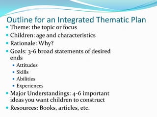 Outline for an Integrated Thematic PlanTheme: the topic or focusChildren: age and characteristicsRationale: Why?Goals: 3-6 broad statements of desired endsAttitudesSkillsAbilitiesExperiencesMajor Understandings: 4-6 important ideas you want children to constructResources: Books, articles, etc.