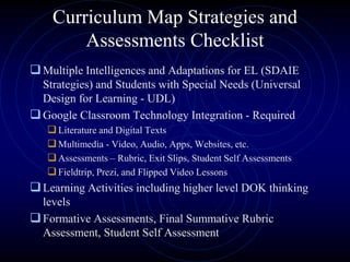 Curriculum Map Strategies and
Assessments Checklist
Multiple Intelligences and Adaptations for EL (SDAIE
Strategies) and Students with Special Needs (Universal
Design for Learning - UDL)
Google Classroom Technology Integration - Required
Literature and Digital Texts
Multimedia - Video, Audio, Apps, Websites, etc.
Assessments – Rubric, Exit Slips, Student Self Assessments
Fieldtrip, Prezi, and Flipped Video Lessons
Learning Activities including higher level DOK thinking
levels
Formative Assessments, Final Summative Rubric
Assessment, Student Self Assessment
 