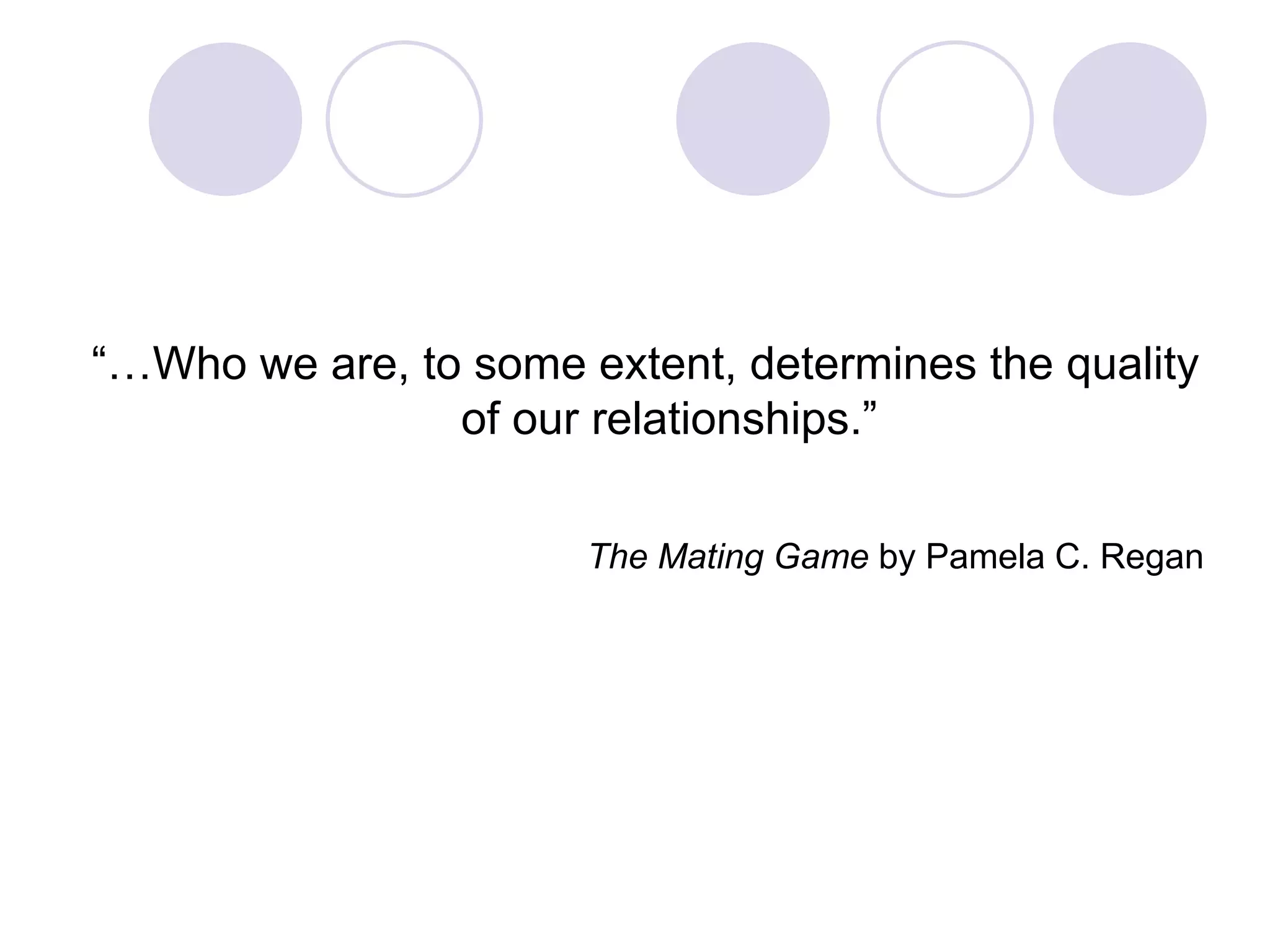 “…Who we are, to some extent, determines the quality
of our relationships.”
The Mating Game by Pamela C. Regan
 
