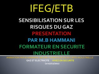 IFEG/ETB
ANIMATION PAR M.HAMMANI BACHIR FORMATEUR EN SECURITE INDUSTRIELLE
GAZ ET ELECTRICITE VIVEZ EN SECURITE
Le 07/12/2012
 