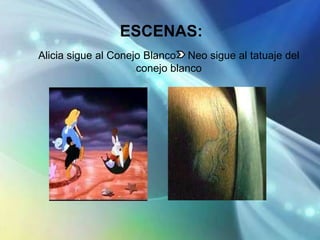 ESCENAS:
Alicia sigue al Conejo Blanco Neo sigue al tatuaje del
                     conejo blanco
 