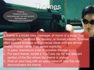 Themes 
Thinking 
Relating to others 
Using language, text and symbols 
Managing self 
Participating and contributing 
A theme is a broad idea, message, or moral of a story. The 
message may be about life, society, or human nature. Themes 
often explore timeless and universal ideas and are almost 
always implied rather than stated explicitly. 
1. In pairs, brainstorm a list of possible themes. 
2. For each theme, locate a YouTube clip for the relevant 
section of the film where the theme is shown. 
3. Post on your blog with an explanation of how this clip 
demonstrates the theme. 
 