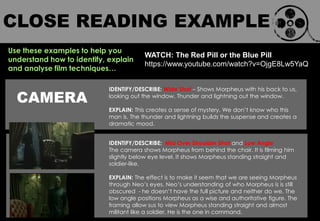 CLOSE READING EXAMPLE
Use these examples to help you
understand how to identify, explain
and analyse film techniques…
WATCH: The Red Pill or the Blue Pill
https://www.youtube.com/watch?v=OjgE8Lw5YaQ
CAMERA
IDENTIFY/DESCRIBE: Wide Shot – Shows Morpheus with his back to us,
looking out the window. Thunder and lightning out the window.
EXPLAIN: This creates a sense of mystery. We don‟t know who this
man is. The thunder and lightning builds the suspense and creates a
dramatic mood.
IDENTIFY/DESCRIBE: Mid Over Shoulder Shot and Low Angle
The camera shows Morpheus from behind the chair. It is filming him
slightly below eye level. It shows Morpheus standing straight and
soldier-like.
EXPLAIN: The effect is to make it seem that we are seeing Morpheus
through Neo‟s eyes. Neo‟s understanding of who Morpheus is is still
obscured - he doesn‟t have the full picture and neither do we. The
low angle positions Morpheus as a wise and authoritative figure. The
framing allow sus to view Morpheus standing straight and almost
militant like a soldier. He is the one in command.
 