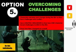 OPTION
5.
OVERCOMING
CHALLENGES
Characters develop and change during the film as they
face challenges and conflict.
Use a GRAPHIC ORGANISER to show how ONE character
faced challenges/conflict in the film.
Show how they changed as a result.
Do this
individually.
 
