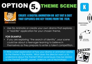 OPTION 5. THEME SCENE
• Use Go Animate or create your own drama that explores
a “real life” application for your chosen theme.
FOR EXAMPLE:
• If you are exploring “the search of identity”, your scene
could be about a teenager learning to believe in
themselves as they prepare to enter a talent competition.
CREATE A DIGITAL ANIMATION OR ACT OUT A SKIT
THAT EXPLORES ONE KEY THEME FROM THE FILM.
-> Write a brief explanation of how your drama or animation relates
to the theme in The Matrix. What does the director want us to
understand about the theme? What social issues may be related
to the theme? (health, power, violence, use of technology)
 