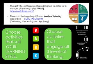 • The activities in this project are designed to cater for a
number of learning styles (VARK).
http://vark-learn.com/
• They are also targeting different levels of thinking
according to SOLO TAXONOMY
(Gathering, Processing and Applying).
Choose
activities
that suit
YOUR
LEARNING
STYLE.
Choose
activities
that
engage all
3 levels of
thinking.
V
A
R
K
 