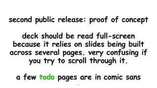 second public release: proof of concept
deck should be read full-screen
because it relies on slides being built
across several pages. very confusing if
you try to scroll through it.
a few todo pages are in comic sans
2
 