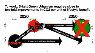 To work, Bright Green Urbanism requires close to 
ten-fold improvements in CO2 per unit of lifestyle benefit
poorrich
2020
DEVELOPM
ENT
DISASTER
rural urban
poverty
huge
CO2 ﬂooded, burning poor cities
2050
rural urban
drought and agricultural collapse
we are
saved
only if
this exists
MAYBE Bright Green Urbanism
poorrich
X
31
 