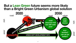 But a Lean Green future seems more likely
than a Bright Green Urbanism global solution
poorrich
2020
DEVELOPM
ENT
DISASTER
rural urban
poverty
huge
CO2
2050
rural urban
some
Bright
Green
Urbanism
MAYBE Bright Green Urbanism
poorrich
rural
resource-rich
but still cash
poor
RURAL SOFT DEVELOPMENT PATH
eco-
favelas?
can we do
better?
URBAN SOFT DEVELOPMENT PATH
51
 