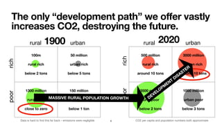 rural urban
100m
rural rich
below 2 tons
50 million
urban rich
below 5 tons
1300 million
rural poor
close to zero
150 million
urban poor
below 1 ton
Data is hard to ﬁnd this far back - emissions were negligible
rural urban
500 million
rural rich
around 10 tons
3000 million
urban rich
around 10 tons
3500 million
rural poor
below 2 tons
1000 million
urban poor
below 3 tons
CO2 per capita and population numbers both approximate
poorrich
poorrich
1900 2020
MASSIVE RURAL POPULATION GROWTH DEVELOPM
ENT
DISASTER
The only “development path” we offer vastly
increases CO2, destroying the future.
DEVELOPM
ENT
DISASTER
8
 