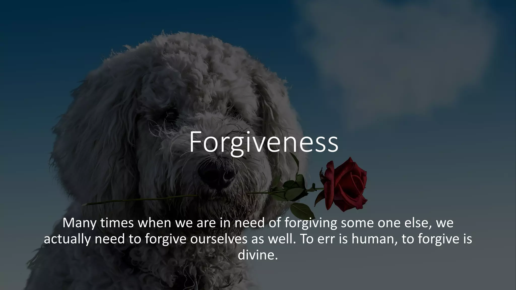 Forgiveness
Many times when we are in need of forgiving some one else, we
actually need to forgive ourselves as well. To err is human, to forgive is
divine.
 