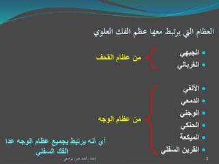 ‫العلوي‬ ‫الفك‬ ‫عظم‬ ‫معها‬ ‫يرتبط‬ ‫اليت‬ ‫العظام‬
‫الجبهي‬
‫الغربالي‬
‫القحف‬ ‫عظام‬ ‫من‬
‫الوجه‬ ‫عظام‬ ‫من‬
‫عدا‬ ‫الوجه‬ ‫عظام‬ ‫بجميع‬ ‫يرتبط‬ ‫أنه‬ ‫أي‬
‫السفلي‬ ‫الفك‬
‫األنفي‬
‫الدمعي‬
‫الوجني‬
‫الحنكي‬
‫الميكعة‬
‫السفلي‬ ‫القرين‬
3‫إعداد‬:‫برادعي‬ ‫عمرو‬ ‫أحمد‬
 