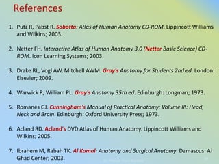By: Ahmad Amro Baradee 68
1. Putz R, Pabst R. Sobotta: Atlas of Human Anatomy CD-ROM. Lippincott Williams
and Wilkins; 2003.
2. Netter FH. Interactive Atlas of Human Anatomy 3.0 (Netter Basic Science) CD-
ROM. Icon Learning Systems; 2003.
3. Drake RL, Vogl AW, Mitchell AWM. Gray's Anatomy for Students 2nd ed. London:
Elsevier; 2009.
4. Warwick R, William PL. Gray's Anatomy 35th ed. Edinburgh: Longman; 1973.
5. Romanes GJ. Cunningham's Manual of Practical Anatomy: Volume III: Head,
Neck and Brain. Edinburgh: Oxford University Press; 1973.
6. Acland RD. Acland's DVD Atlas of Human Anatomy. Lippincott Williams and
Wilkins; 2005.
7. Ibrahem M, Rabah TK. Al Kamal: Anatomy and Surgical Anatomy. Damascus: Al
Ghad Center; 2003.
References
 