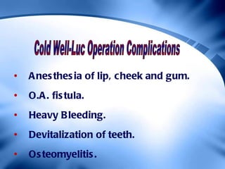 <ul><li>Anesthesia of lip, cheek and gum. </li></ul><ul><li>O.A. fistula. </li></ul><ul><li>Heavy Bleeding. </li></ul><ul>...