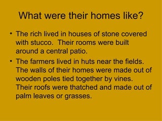 What were their homes like?
• The rich lived in houses of stone covered
  with stucco. Their rooms were built
  around a central patio.
• The farmers lived in huts near the fields.
  The walls of their homes were made out of
  wooden poles tied together by vines.
  Their roofs were thatched and made out of
  palm leaves or grasses.
 