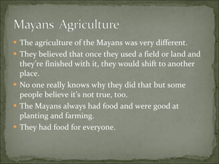 The agriculture of the Mayans was very different.  They believed that once they used a field or land and they’re finished with it, they would shift to another place.  No one really knows why they did that but some people believe it’s not true, too.  The Mayans always had food and were good at planting and farming.  They had food for everyone.  