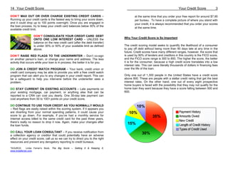14 Your Credit Score                                                                                                        Your Credit Score              3

DON’T MAX OUT OR OVER CHARGE EXISTING CREDIT CARDS –                                    at the same time that you order your free report for around $7.95
Running up your credit cards is the fastest way to bring your score down,               per bureau. To have a complete picture of where you stand with
and it could drop up to 100 points overnight. Once you are engaged in                   your credit, it is always recommended that you order your scores
the loan process, try to keep your credit card balances below 30% of the
                                                                                        at the same time.
available credit limit.

                   DON’T CONSOLIDATE YOUR CREDIT CARD DEBT
                   ONTO ONE LOW INTEREST CARD – UNLESS the                      Why Your Credit Score is So Important
                   balance on the new credit card (after the debt transfer)
                   is under 30% or 50% of your available limit as defined       The credit scoring model seeks to quantify the likelihood of a consumer
                   above.                                                       to pay off debt without being more than 90 days late at any time in the
                                                                                future. Credit scores have many different ranges, however, the score that
DON’T RAISE RED FLAGS TO THE UNDERWRITER – Don’t co-sign                        is used by 90% of lenders and creditors in this country is the FICO score,
on another person’s loan, or change your name and address. The less             and the FICO score range is 300 to 850. The higher the score, the better
activity that occurs while your loan is in process, the better it is for you.   it is for the consumer, because a high credit score translates into a low
                                                                                interest rate. This can save literally thousands of dollars in financing fees
DO JOIN A CREDIT WATCH PROGRAM – Your bank, credit union or                     over the life of the loan.
credit card company may be able to provide you with a free credit watch
program that can alert you to any changes in your credit report. This can       Only one out of 1,300 people in the United States have a credit score
be a safeguard to help you intervene before the underwriter sees a              above 800. These are people with a stellar credit rating that get the best
problem.                                                                        interest rates. On the other hand, one out of every eight prospective
                                                                                home buyers is faced with the possibility that they may not qualify for the
DO STAY CURRENT ON EXISTING ACCOUNTS – Late payments on                         home loan they want because they have a score falling between 500 and
your existing mortgage, car payment, or anything else that can be               600.
reported to a CRA can cost you dearly. One 30-day late payment can
cost anywhere from 50 to 100+ points on your credit score.

DO CONTINUE TO USE YOUR CREDIT AS YOU NORMALLY WOULD
– Red flags are easily raised within the scoring system. If it appears you
are diverting from your normal spending patterns, it could cause your
score to go down. For example, if you’ve had a monthly service for
Internet access billed to the same credit card for the past three years,
there’s really no reason to drop it now. Again, make your changes after
the loan funds.

DO CALL YOUR LOAN CONSULTANT – If you receive notification from
a collection agency or creditor that could potentially have an adverse
effect on your credit score, call us so we can try to direct you to the right
resources and prevent any derogatory reporting to credit bureaus.

*SOURCE:      Linda Ferrari’s Book, The Big Score – Getting It & Keeping It,
www.lindaferrari.com.
 