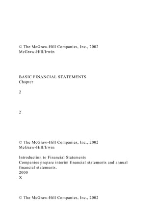© The McGraw-Hill Companies, Inc., 2002
McGraw-Hill/Irwin
BASIC FINANCIAL STATEMENTS
Chapter
2
2
© The McGraw-Hill Companies, Inc., 2002
McGraw-Hill/Irwin
Introduction to Financial Statements
Companies prepare interim financial statements and annual
financial statements.
2000
X
© The McGraw-Hill Companies, Inc., 2002
 