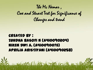 The Mc Nemar ,
Cox and Stuart Test for Significance of
Changes and trend
CREATED BY :
ZUHDHA BASOFI N (A410090204)
NIKEN DWI A. (A410090076)
APRILIA ARISTIYANI (A410090258)
 