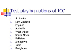 Test playing nations of ICC Sri Lanka New Zealand England Australia West Indies South Africa Pakistan Zimbabwe India Bangladesh 
