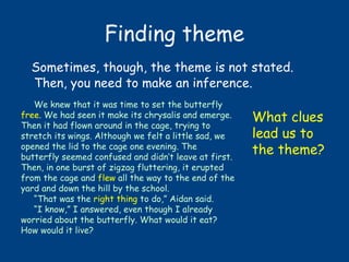 Finding theme
Sometimes, though, the theme is not stated.
Then, you need to make an inference.
We knew that it was time to...
