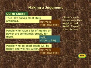 Making a Judgment Classify each theme as either  valid  or  not valid . Explain your choices. Quick Check True love solves all of life’s problems. not valid  (too idealistic) People who have a lot of money or power are sometimes greedy for more.  People who do good deeds will be happy and will not suffer.  valid  (true to life) not valid  (too idealistic) 