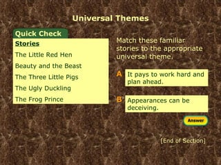 Universal Themes Match these familiar stories to the appropriate universal theme.  It pays to work hard and plan ahead.  Appearances can be deceiving. Quick Check Stories The Little Red Hen Beauty and the Beast The Three Little Pigs The Ugly Duckling The Frog Prince A  B  [End of Section] 