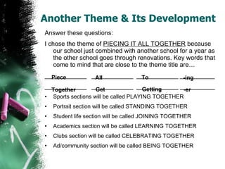 Another Theme & Its Development Answer these questions: I chose the theme of  PIECING IT ALL TOGETHER  because our school just combined with another school for a year as the other school goes through renovations. Key words that come to mind that are close to the theme title are… ____________  ____________  ____________ __________ ____________  ____________  ____________ __________ Sports sections will be called PLAYING TOGETHER Portrait section will be called STANDING TOGETHER Student life section will be called JOINING TOGETHER Academics section will be called LEARNING TOGETHER Clubs section will be called CELEBRATING TOGETHER Ad/community section will be called BEING TOGETHER Piece All To Together Get Getting -ing -er 