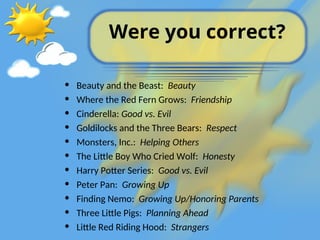 Were you correct?
• Beauty and the Beast: Beauty
• Where the Red Fern Grows: Friendship
• Cinderella: Good vs. Evil
• Goldilocks and the Three Bears: Respect
• Monsters, Inc.: Helping Others
• The Little Boy Who Cried Wolf: Honesty
• Harry Potter Series: Good vs. Evil
• Peter Pan: Growing Up
• Finding Nemo: Growing Up/Honoring Parents
• Three Little Pigs: Planning Ahead
• Little Red Riding Hood: Strangers
 