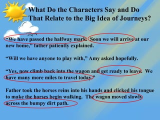 What Do the Characters Say and Do
That Relate to the Big Idea of Journeys?
“We have passed the halfway mark. Soon we will arrive at our
new home,” father patiently explained.
“Will we have anyone to play with,” Amy asked hopefully.
“Yes, now climb back into the wagon and get ready to leave. We
have many more miles to travel today.”
Father took the horses reins into his hands and clicked his tongue
to make the horses begin walking. The wagon moved slowly
across the bumpy dirt path.
 