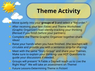 Theme Activity
Move quietly into your groups of 3 and select a “Recorder.”
After receiving your text (fable) and Theme Worksheet
(Graphic Organizer) read silently-tracking your thinking
(Reread if you finish before your partners)
Complete the Theme Graphic Organizer together-share
ideas!
Raise your hands when you have finished. (the teachers will
circulate and provide you with a sentence strip-for sharing)
Meet with the same “Story Group” and share your Themes.
Make sure to explain your thinking- use HOT Questions to
guide your discussions if needed.
Groups will present “A Fable a Day-will teach us to Live the
Right Way!” We will take an assessment on Theme!
Future Lessons-Determining Theme in Fiction!
 
