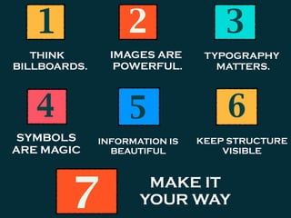 1 2 3
THINK
BILLBOARDS.
IMAGES ARE
POWERFUL.
TYPOGRAPHY
MATTERS.
4
SYMBOLS
ARE MAGIC
5
INFORMATION IS
BEAUTIFUL
6
KEEP STRUCTURE
VISIBLE
7
MAKE IT
YOUR WAY
 