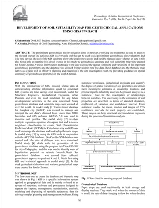 Proceedings of Indian Geotechnical Conference
                                                                              December 15-17, 2011, Kochi (Paper No. M-253)


 DEVELOPMENT OF SOIL SUITABILITY MAP FOR GEOTECHNICAL APPLICATIONS
                         USING GIS APPROACH

S.Sakunthala Devi, ME Student, Anna university- Chennai, sakugopiram@gmail.com
V.K Stalin, Professor of Civil Engineering, Anna University-Chennai, staliniisc@yahoo.co.in.


ABSTRACT: The preliminary geotechnical site investigation aims to develop a working site model that is used to analyze
the site and to plan site activities.GIS is a versatile tool that can be used to aid preliminary geotechnical site evaluations and
it is time saving.The use of the GIS database allows the engineers to easily and rapidly manage large volumes of data while
also being able to examine it in detail .Hence in this study the geotechnical database and soil suitability map were created
for South Chennai.Various interpolation technique were used to create the spatial continuity and variability of the important
geotechnical parameters and the database was created from available bore log data.These database and the thematic map
serves as a basic tool in effective planning and execution of the site investigation work by providing guidance on spatial
continuity of geotechnical properties in the south Chennai.


INTRODUCTION                                                        statistical techniques, geotechnical engineers can quantify
With the introduction of GIS, missing spatial data &                the degree of spatial variation of soil properties and obtain
corresponding attribute information could be generated.             more meaningful estimates at unsampled locations and
GIS systems are time saving, cost economical, useful for            provide input to reliability analyses.Regression analysis is a
Structural Engineers, Geotechnical Engineers, urban                 statistical tool for the investigation of relationships
Planners and even the local inhabitant for any future               between variables. The uncertainty in the estimation of soil
developmental activities in the area concerned. Many                properties are described in terms of standard deviation,
geotechnical database and suitability maps were created all         coefficient of variation and confidence interval. From
over the world. In model study [1] Geotechnical database            statistical results, the mean, median and ranges of 95%
for Bangkok city (GeSEP) was created to manage and                  confidence intervals for each property are established.
interpret the soil data’s obtained from more than 20000             Those ranges can help structural and foundation engineers
boreholes and GIS software GRASS 5.0 was used to                    during the process of foundation analysis.
visualize soil profiles. The model study [2] involves
multiple regression equation, chi-square test and k-nearest
neighbour classification to create, Soil Characteristics
Prediction Model (SCPM) for Coimbatore city and GIS was
used to manage the database and to develop thematic maps.
In model study [3] by using the GIS tools in conjunction
with the ACCESS database, GeoCovilha XXI database was
created and the data of different tests were visualised.
Model study [4] deals with the generation of the
geotechnical database using the program ArcView/GIS 9.0.
for city of Mayagüez and this was used to identify areas of
liquefaction potential or seismic hazards..North Sea
geotechnical database       was created from collected
geotechnical reports in quadrant K and L North Sea using
GIS and statistical approach in model study [5]. In this
work geotechnical database and various geotechnical maps
were created for South Chennai.

METHODOLOGY
The flowchart used to create the database and themetic map
was shown in Fig. 1.GIS is a specific information system            Fig. 1 Flow chart for creating map and database
applied to geographical data and is mainly referred to as
system of hardware, software and procedures designed to             Geotechnical Database
support the capture, management, manipulation, analysis,            Paper maps are used traditionally as both storage and
modeling and displaying of spatially referenced data for            display medium. They work well when the amount of data
solving complex planning and management problems.Using              is small, the rate of data changing is slow but when the data

                                                              797
 