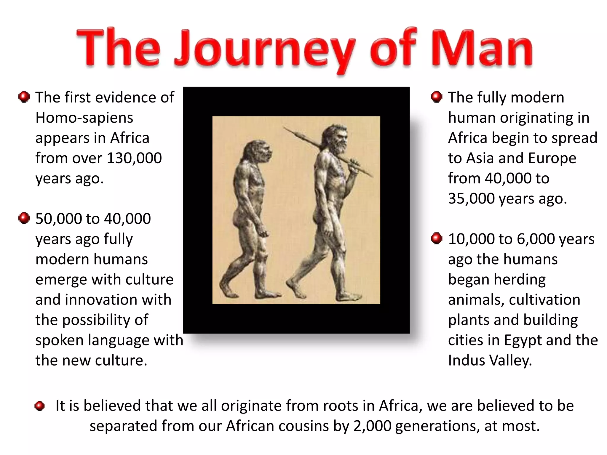 The Journey of ManThe first evidence of Homo-sapiens appears in Africa from over 130,000 years ago.50,000 to 40,000 years ago fully modern humans emerge with culture and innovation with the possibility of spoken language with the new culture.The fully modern human originating in Africa begin to spread to Asia and Europe from 40,000 to 35,000 years ago.10,000 to 6,000 years ago the humans began herding animals, cultivation plants and building cities in Egypt and the Indus Valley.It is believed that we all originate from roots in Africa, we are believed to be separated from our African cousins by 2,000 generations, at most. 