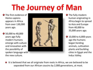 The Journey of ManThe first evidence of Homo-sapiens appears in Africa from over 130,000 years ago.50,000 to 40,000 years ago fully modern humans emerge with culture and innovation with the possibility of spoken language with the new culture.The fully modern human originating in Africa begin to spread to Asia and Europe from 40,000 to 35,000 years ago.10,000 to 6,000 years ago the humans began herding animals, cultivation plants and building cities in Egypt and the Indus Valley.It is believed that we all originate from roots in Africa, we are believed to be separated from our African cousins by 2,000 generations, at most. 