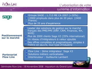 Groupe SAGE : 1.713 M€ CA 2007 (+30%) 13900 employés dans plus de 20 pays (2400 France) Plus de 25 ans d’expérience Positionnement sur le marché Leader des solutions de gestion sur le marché français des PME/PMI (ERP, CRM, Finances, RH, WHS) Plus de 2000 clients Sage X3 (35% international) Un réseau d’intégrateurs à valeur ajoutée Des offres complètes et pragmatiques, simples à mettre en œuvre, tout type d’industrie Partenariat Flow Line Flow Line : 2ème intégrateur Sage X3 Solutions métiers verticalisées Interlocuteur : Guillaume Lambert