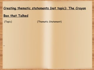 Creating thematic statements (not topic): The Crayon
Box that Talked
 (Topic) (Thematic Statement)
 
 