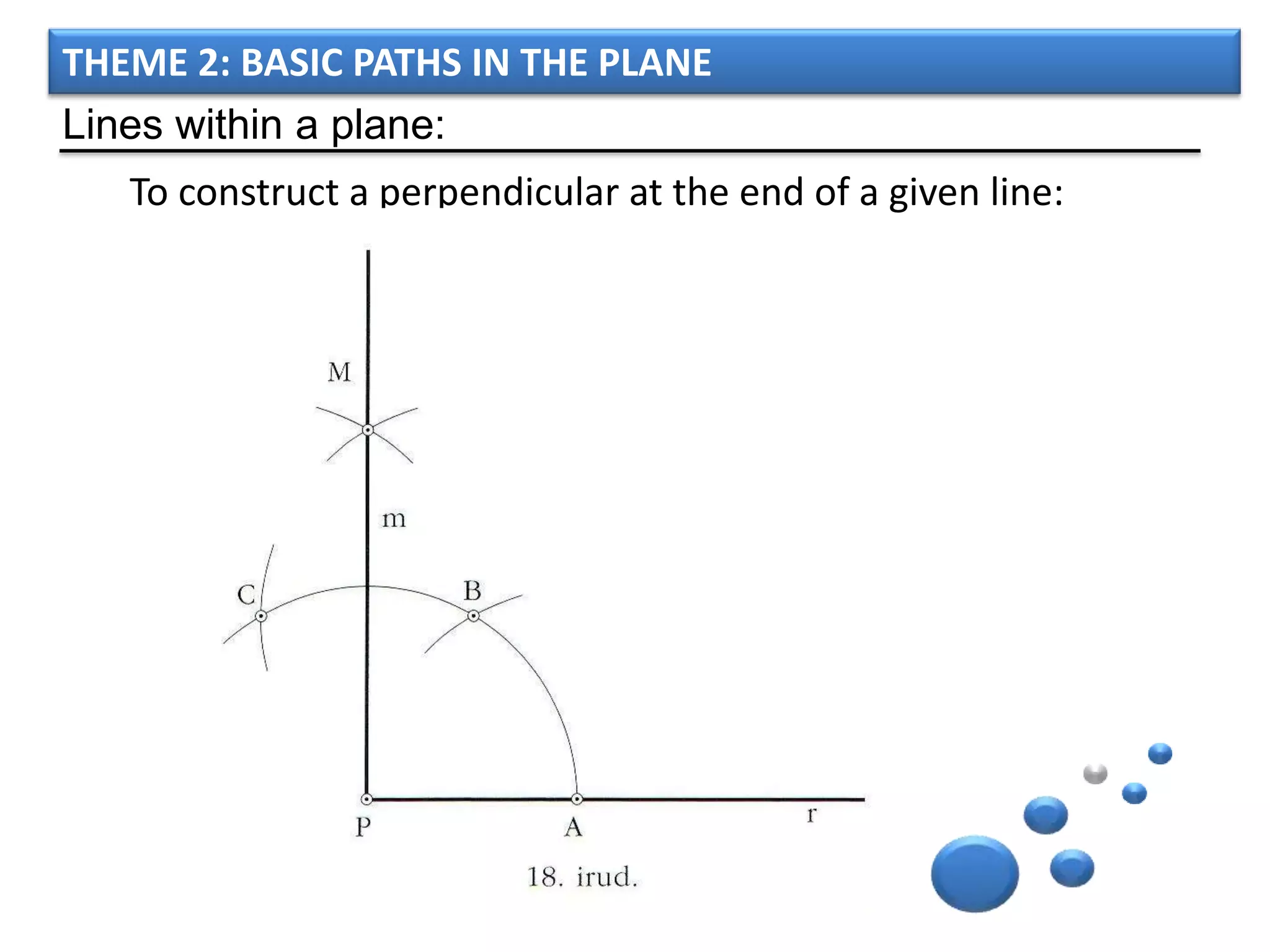 THEME 2: BASIC PATHS IN THE PLANE
Lines within a plane:
   To construct a perpendicular at the end of a given line:
 